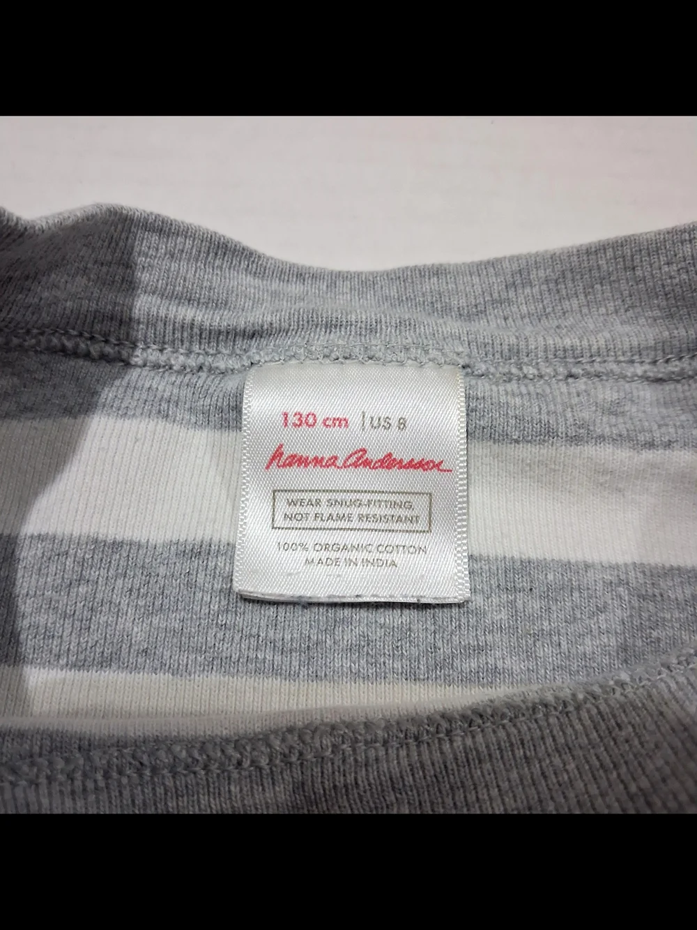Hanna Andersson Yourh Gray & White Striped Long-Sleeve Pajama Top 130cm